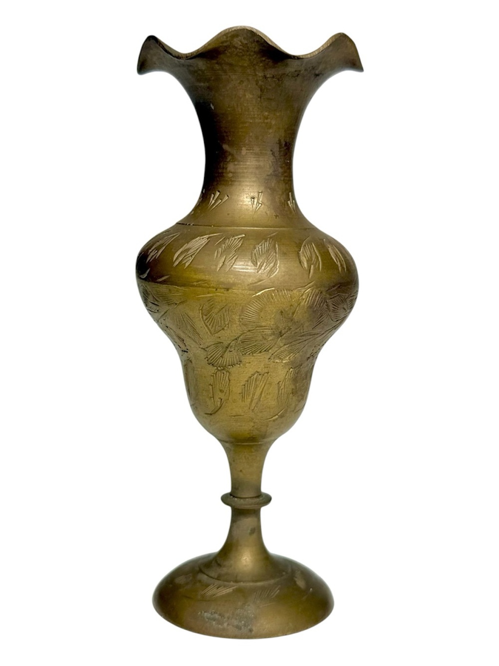 Vintage India Brass Vase Etched Floral Design Ruffled Top Marked India 5 inches